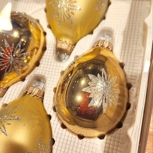 4 NWT Glass Christmas by Krebs Aztec Gold Tear Drop Glitter Ornaments